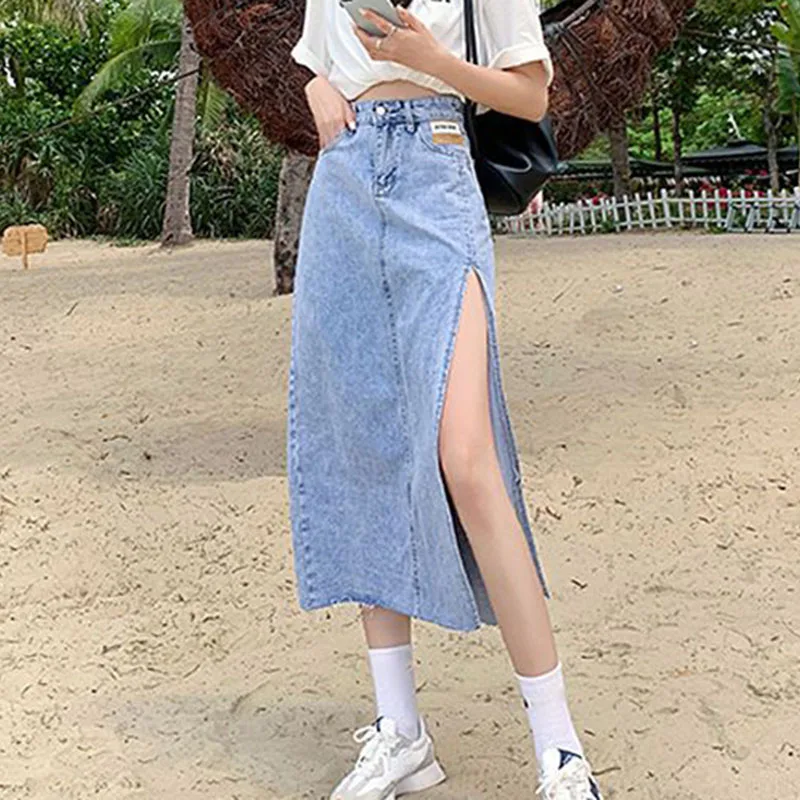 

Korean Style Side Split Midi Skirt Women Vintage High Waist Tassel Light Blue Denim Skirt Woman 2023 Summer Street A-Line Skirts