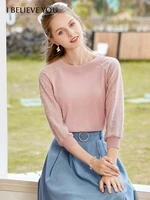 i believe you spring woman sweaters 2022 office lady solid oneck pullover patchwork three quarter sleeve knitted tops 2213144032