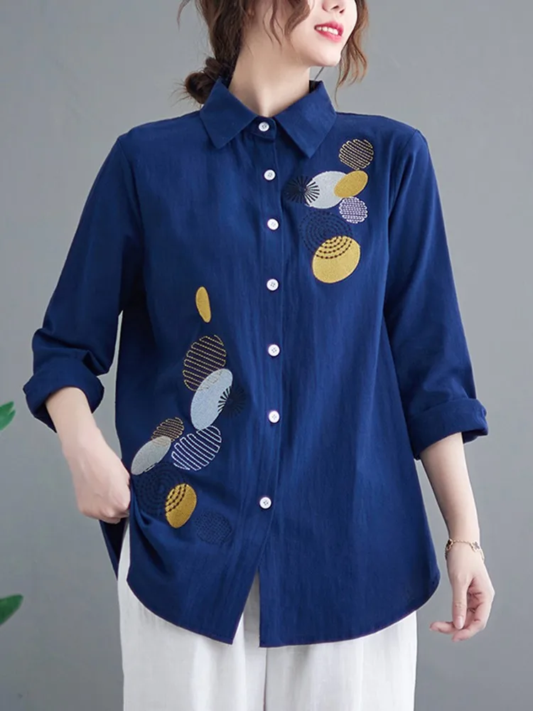 

Women Long Sleeve Casual Shirts New 2022 Simple Style Vintage Embroidery Loose Comfortable Female Cotton Tops Shirt B1756