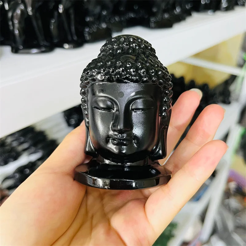 

8cm Natural Obsidian Buddha Head Figurine Carving Quartz Crystal Sakyamuni Figurine Feng Shui Crafts Healing Crystal Home 1pcs