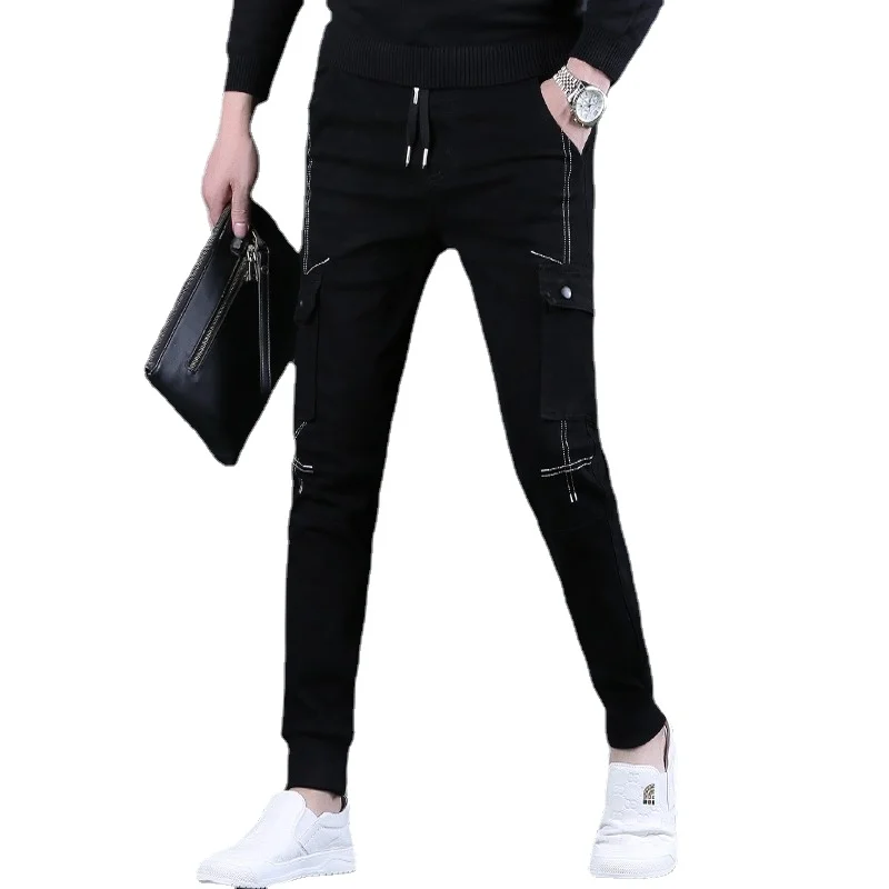 Autumn Men Cargo Pants Jeans Fashion Streetwear Black Elastic Waist Drawstring Denim Trousers