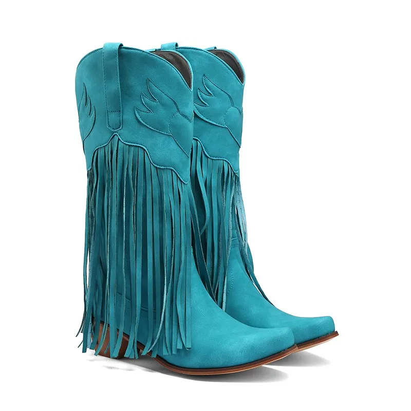 

Women Mid-calf Cowboy Western Boots Retro Tassel Fringe Bottes Femme Winter Chunky Mid Heels Booties Fashion Ladies Shoes Green