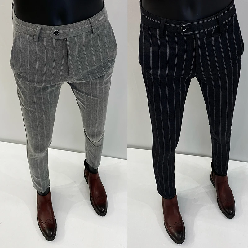 

Vertical Stripe Men Dress pants Formal Business Office Social Trousers HighQuality Men Korean Slim Fit Cocktail Party Suit Pants