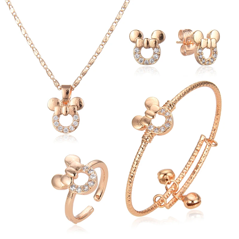 

European and American fashion girl cartoon cute hollow millet mouse inlaid with diamonds 4 pieces of jewelry set