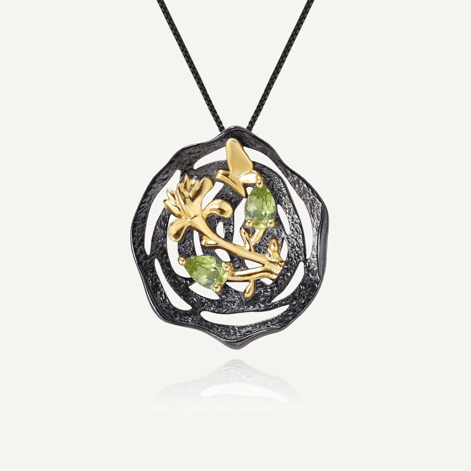 

GEM'S BALLET Natural Peridot Pendant Necklace for Women Black and 18k Gold Over 925 Silver Handmade Butterfly Flower Jewelry