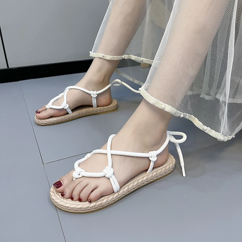 

Women's Flat Sandals Buckle Braided Color Lace-up Casual Comfortable Breathable Beach Shoes All-match Non-Slip New Roman Shoes