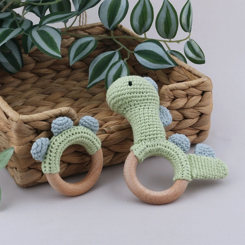 

Baby Wooden Teether Ring DIY Crochet Dinosaur Rattle Infant Nursing Soother Molar Teething Toys for Newborn Shower Gifts
