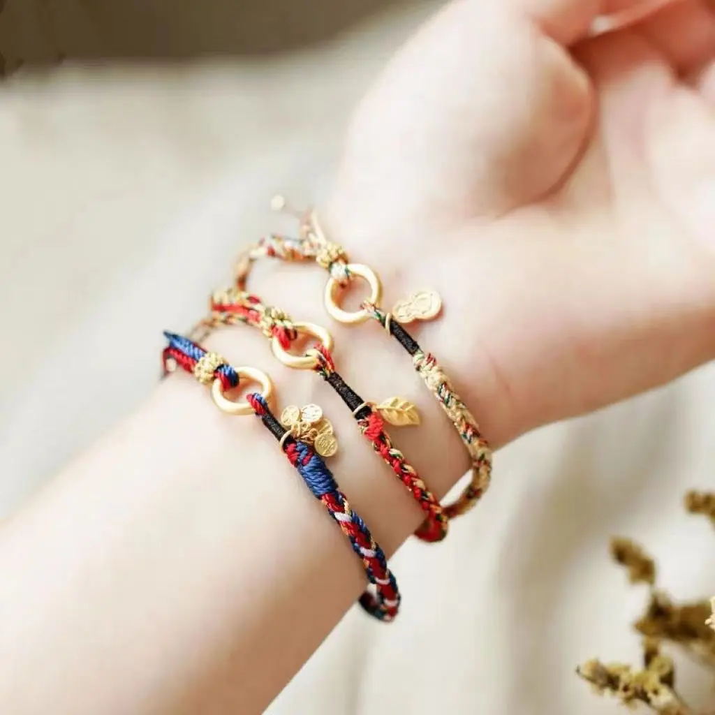 Плетеный вручную разноцветный веревочный браслет с листьями тыквы женский для