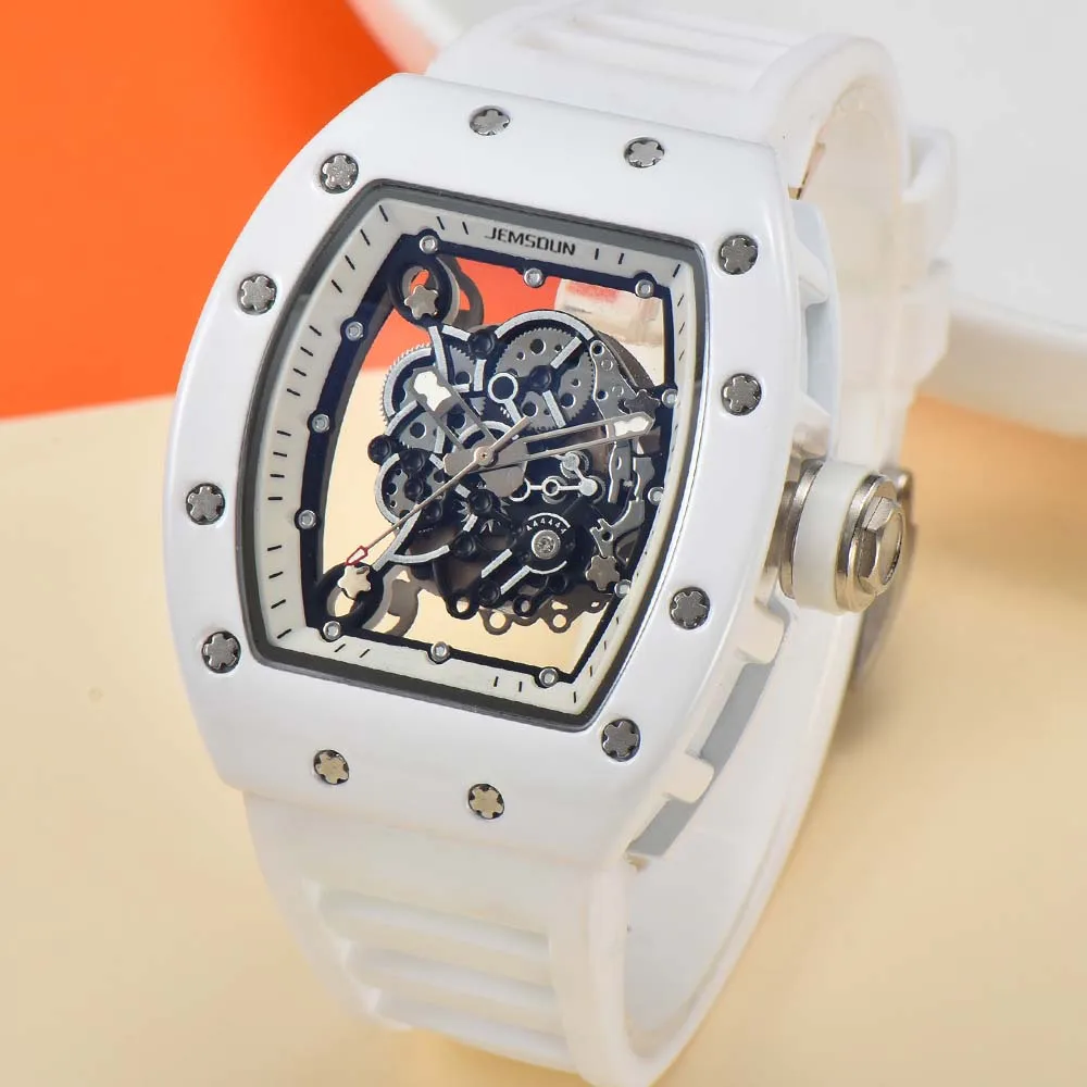 

2023 Original Brand Tonneau Watches For Mens Classic White Ceramic Case Hollow Movement Quartz Watch Business AAA Jewelry Clocks