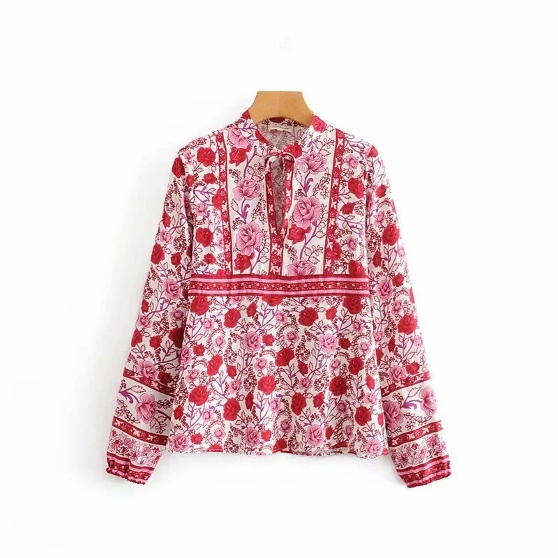 Винтажная шикарная Женская богемная блузка с цветочным принтом и V-образным