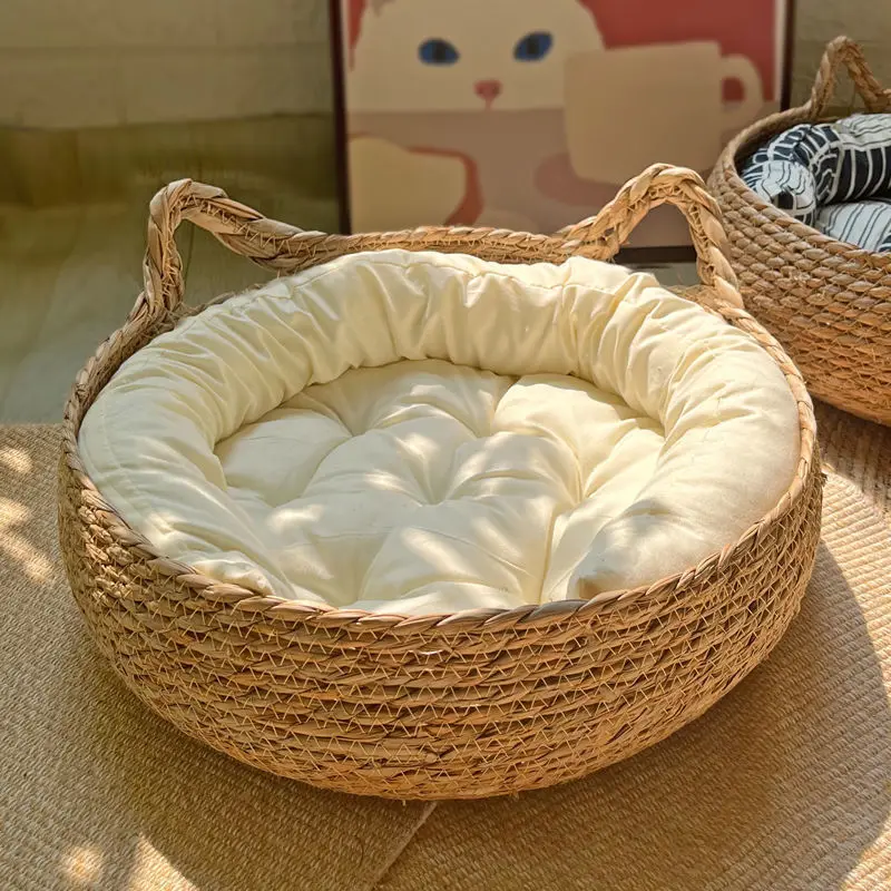 

Four Seasons Cat Bed Woven Removable Upholstery Sleeping House Cat Scratch Floor Rattan Washable Cats Pet Products Accessories