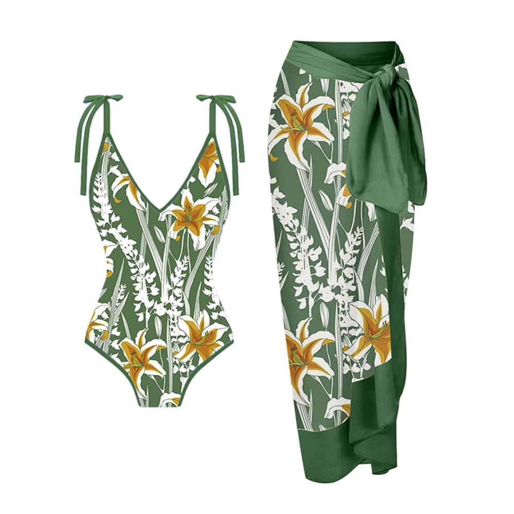 

Floral Print One Piece Swimsuit and Cover Up Women Summer Green Swimwear Backless 2023 Girls Beach Bathing Suits Lace-up Bikini