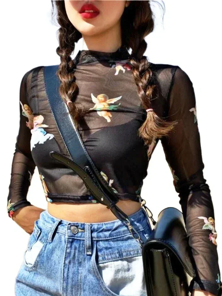 Сексуальная женская футболка с ангелом модная прозрачный сетчатый топ длинными