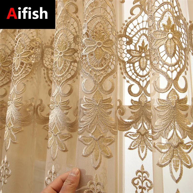 

European Royal Luxury Beige Geometry Embroidered Tulle Curtains Bedroom Window Curtains Living Room Elegant Drapes Home Decor 35