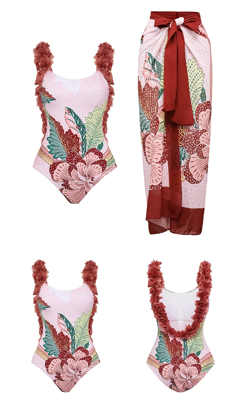 Petal Bikinis 2023 Fashion Floral Print Colorblock One-piece Swimsuit Push Up Summer Beachwear Women Chic Swimwear Slim Backless