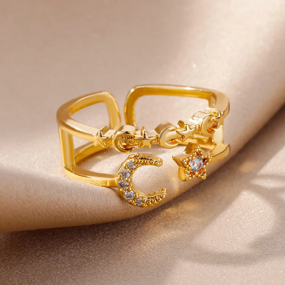 

Fashion Zircon Moon Star Design Open Ring For Women Girl Shiny Charming Adjustable Rings Birthday Gift Party Jewelry Accessories