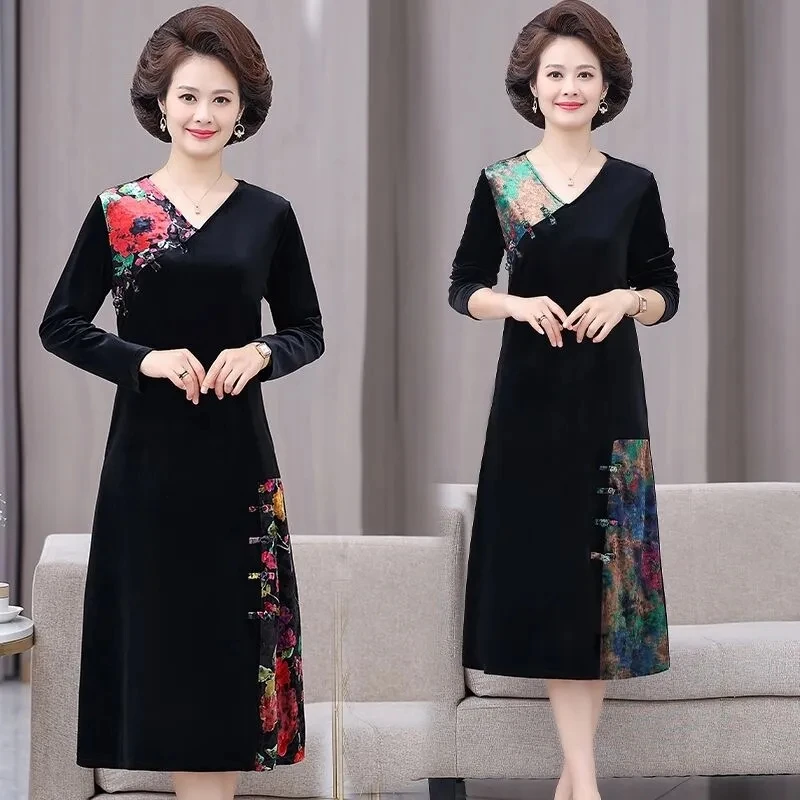 Фото XL-5XL винтажное золотое бархатное платье женское элегантное велюровое платье с v-образным вырезом и длинными рукавами осеннее повседневное платье для мам среднего возраста Vestidos Mujer №2