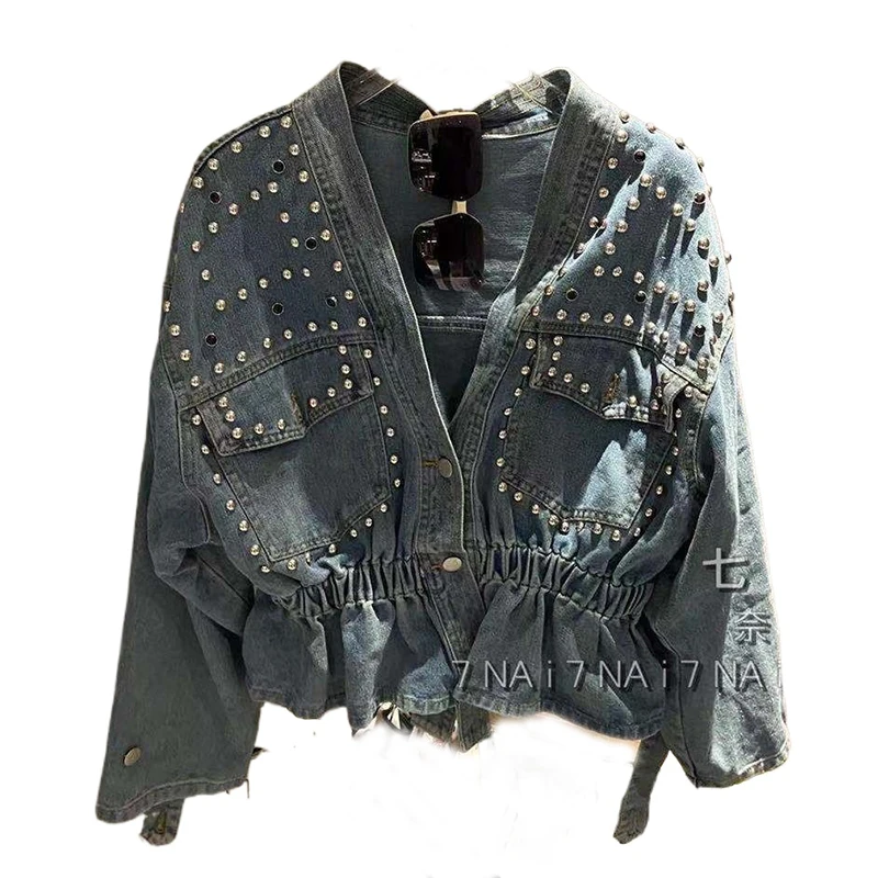 Женская Тяжелая промышленная джинсовая куртка с бриллиантами топ длинными