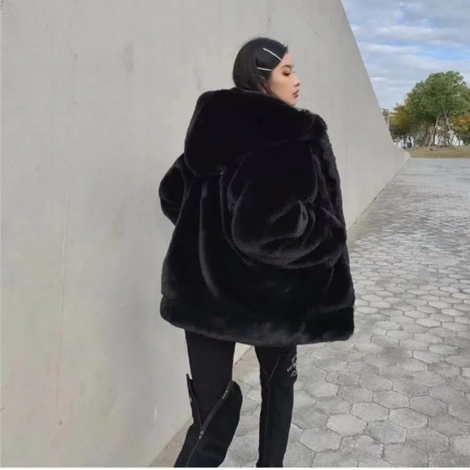 Black faux fur coat women casual zip hoody Loose Outwear winter women coat 2023 ladies very warm fluffy jacket fake fur