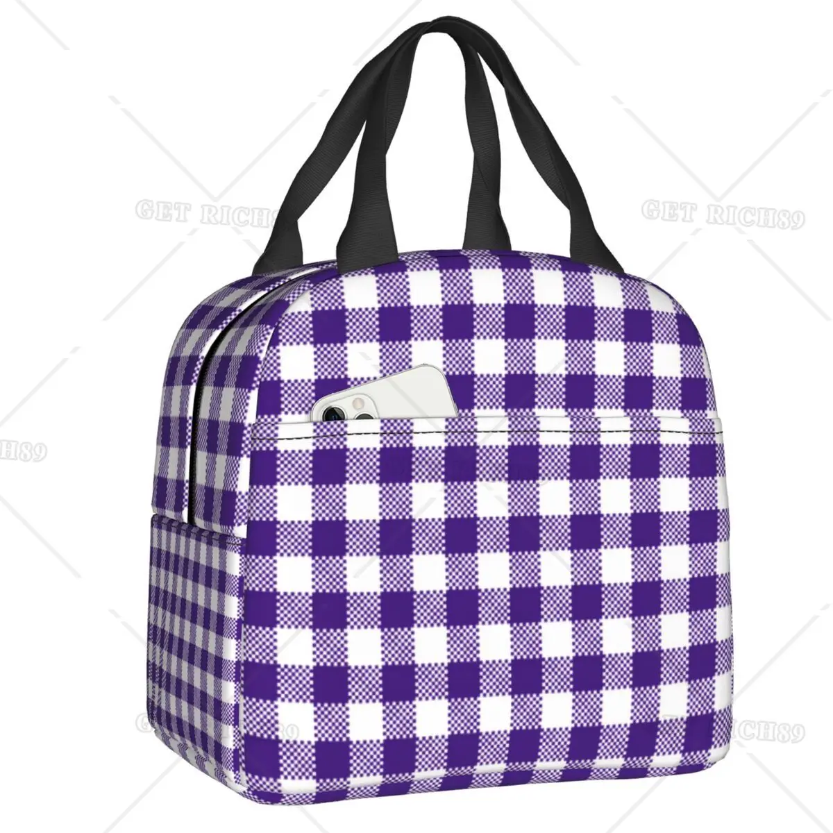 

Luxury Gingham Lunch Bag Women Geometric Checkered Plaid Portable Thermal Insulated Cooler Lunch Bag for School Work Picnic Bags