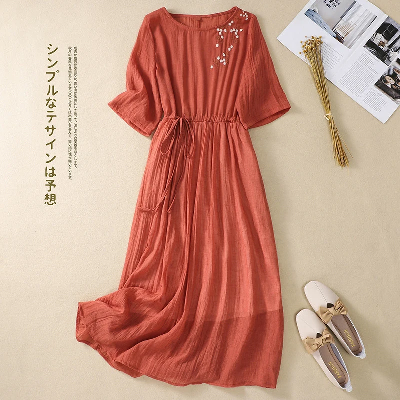 

Cotton Linen Dress Ladies 2022 Summer New Fashion Floral Embroidery Loose Drawstring Waist Maxi Long Dress