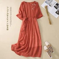 cotton linen dress ladies 2022 summer new fashion floral embroidery loose drawstring waist maxi long dress