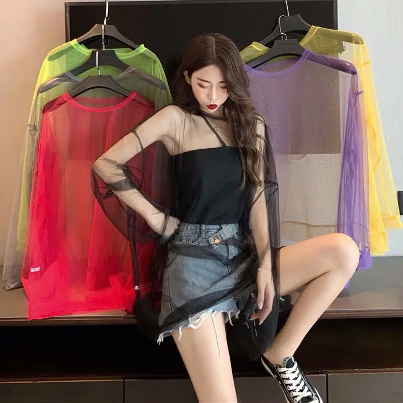 

Tunics Mid-length Mesh Thin Sun Protection Summer Clothing for Women Breathable Loose Casual Beach Cover Up Sexy See-through Top