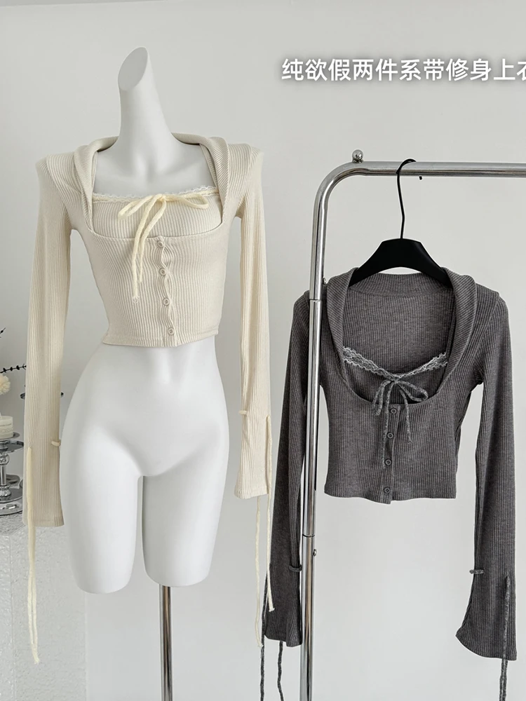 Женская футболка Shoujo Gril Korean Y2k Fake Two Pieces Knit Crop Top 2000-х Эстетическая балетная с