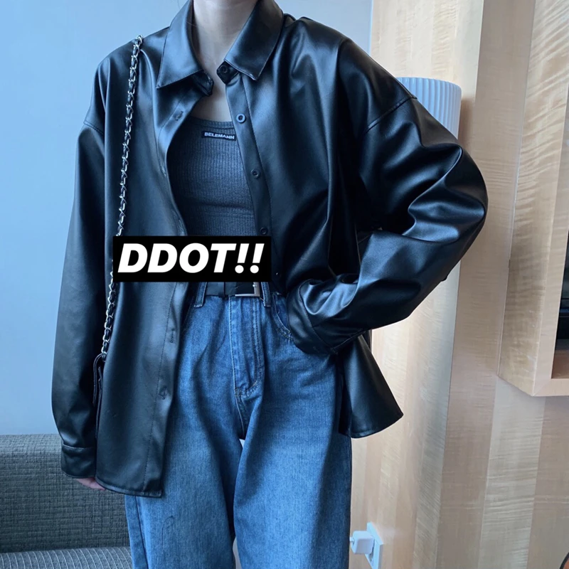PU Leather Blouses Black 2021 New Women Oversized Autumn Vintage Faux Leather Coats Turn-down Collar Motor Biker Jacket Spring