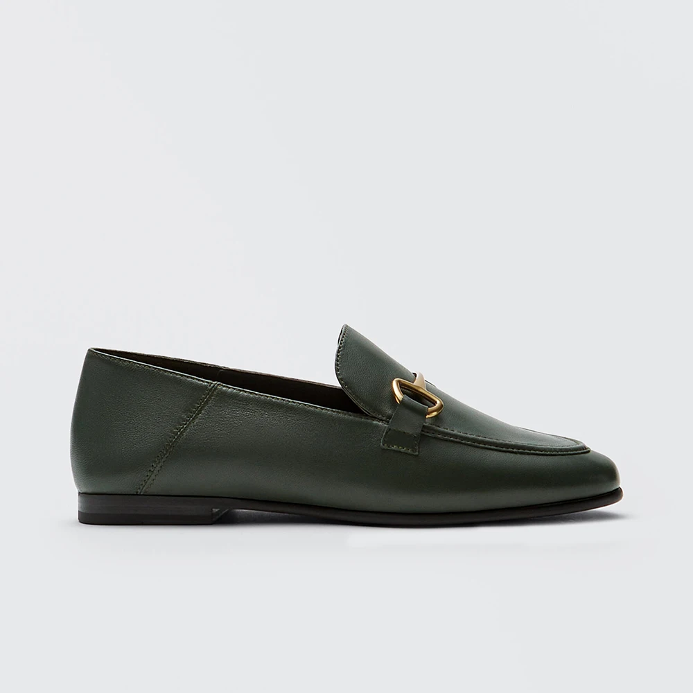 

Moirnc Dutti British Style Women Blue Metal Buckle Leather Loafers Flats