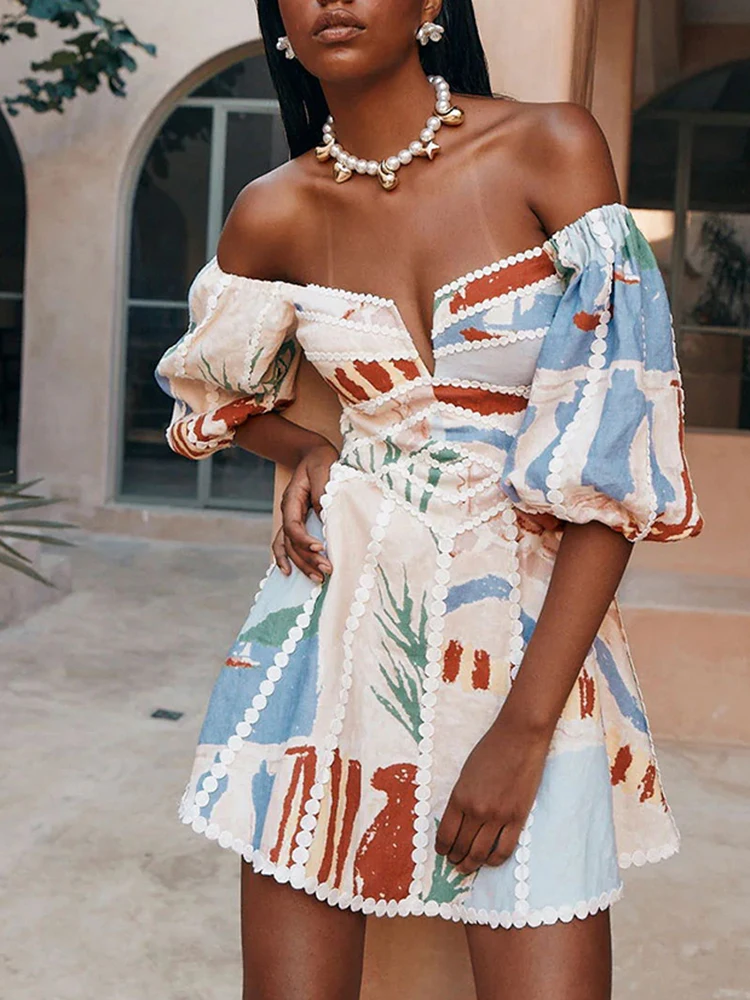 GALCAUR Платье без бретелек с принтом женское платье разрезом на шее и открытыми