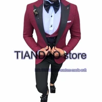 wine red wedding groom tuxedo mens suit 3 piece party ball blazer pants vest formal jacket set trajes de hombre