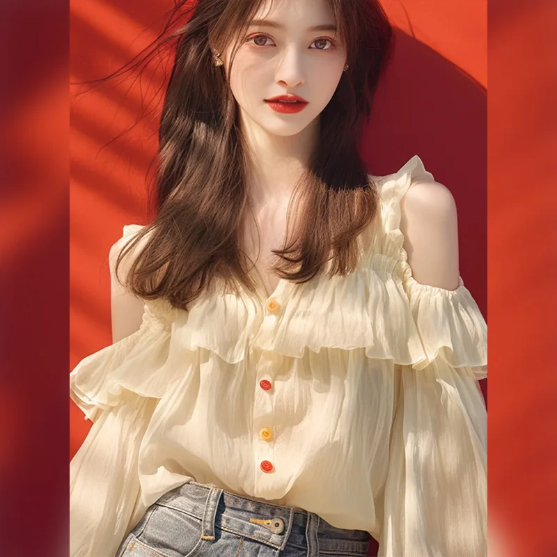 Женская рубашка с длинным рукавом V-образным вырезом и воланом