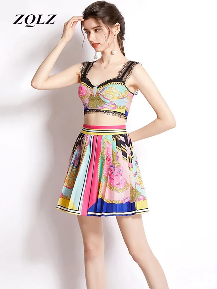 

ZQLZ 2022 женский летний комплект из 2 предметов с юбкой модный кружевной топ без рукавов с подкладом + мини плиссированная юбка в стиле ретро