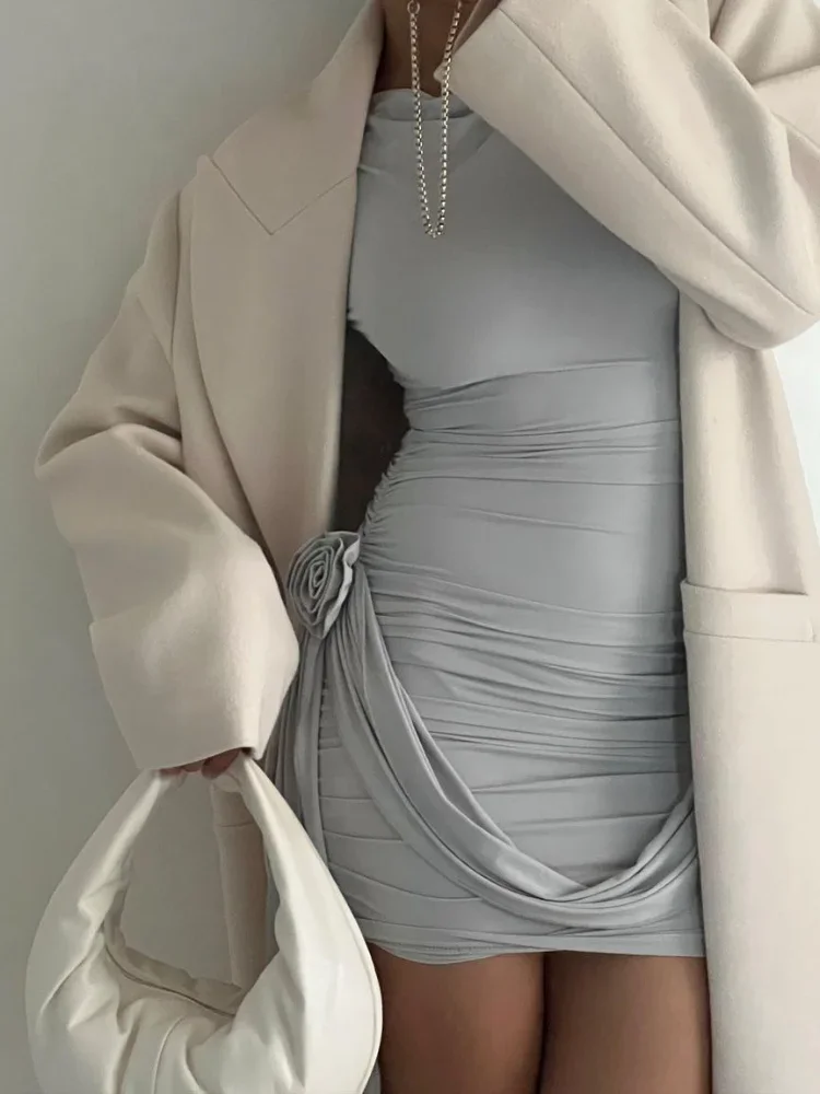 Плиссированное мини-платье с длинным рукавом дизайнерское праздничное