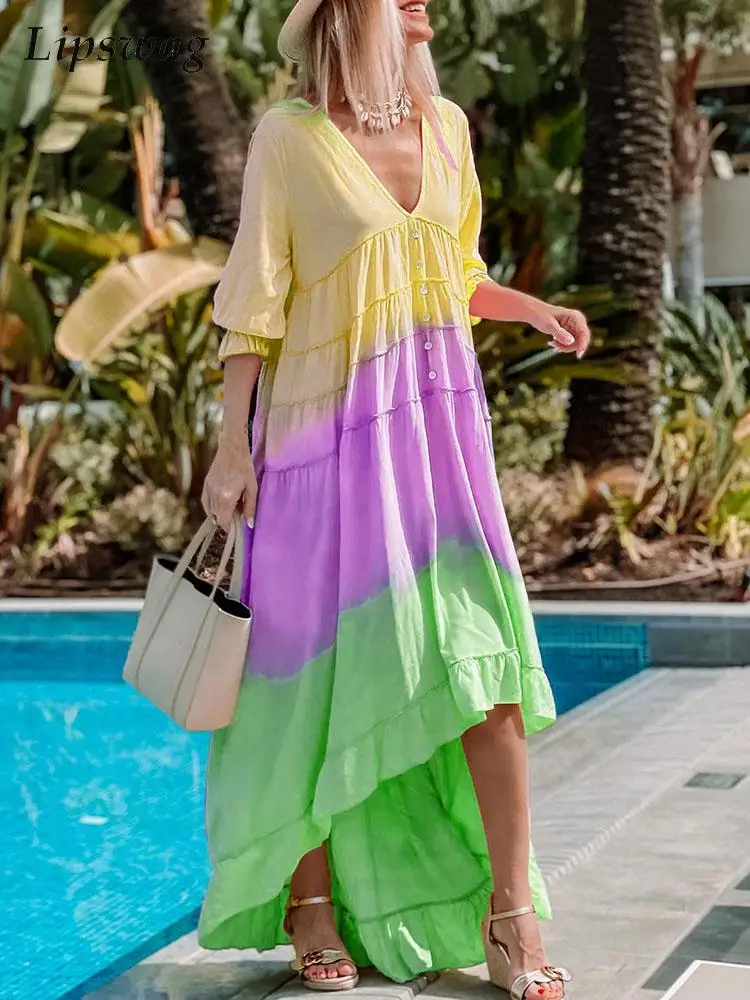 

Sexy Button V Neck Patchwork Long Dress 2022 Elegant Ruffle Loose Beach Party Dress Women Casual 3/4 Sleeve Pullover Maxi Dress