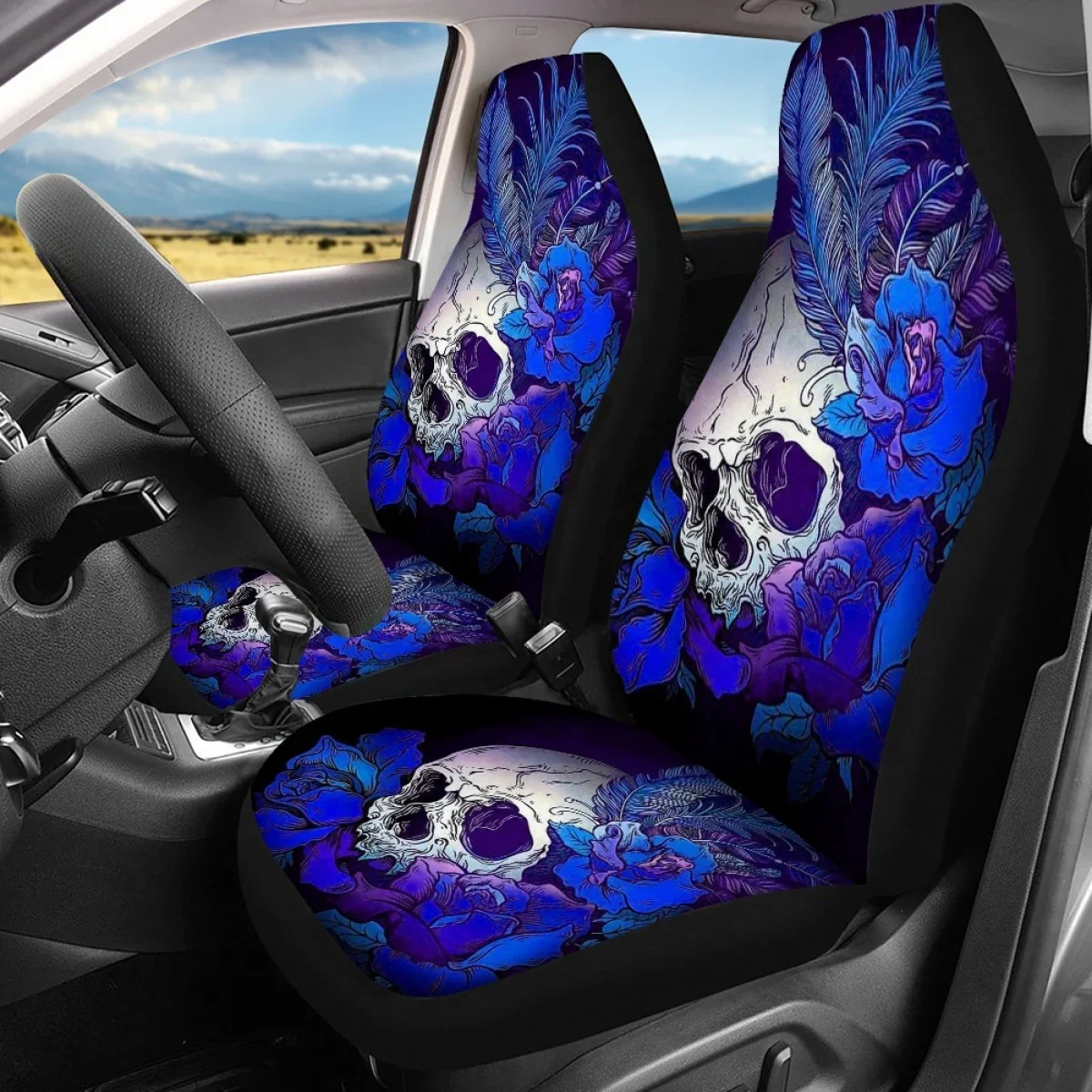 Чехол на автомобильное сиденье универсальный синий череп с цветами модный