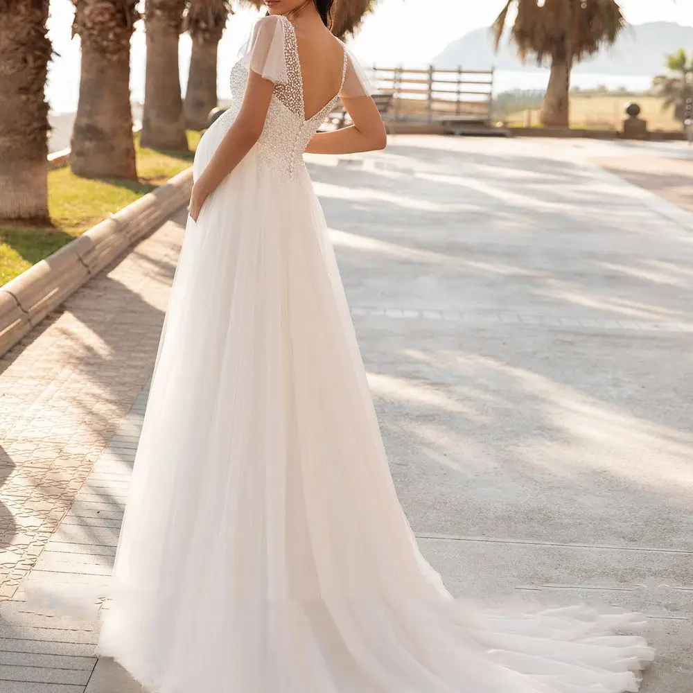 

Bohemian Wedding Dresses for Pregnant Womens V-neck Short Sleeves Simple Tulle A Line Sequin Pregnancy Brides Dress Cheap 2022
