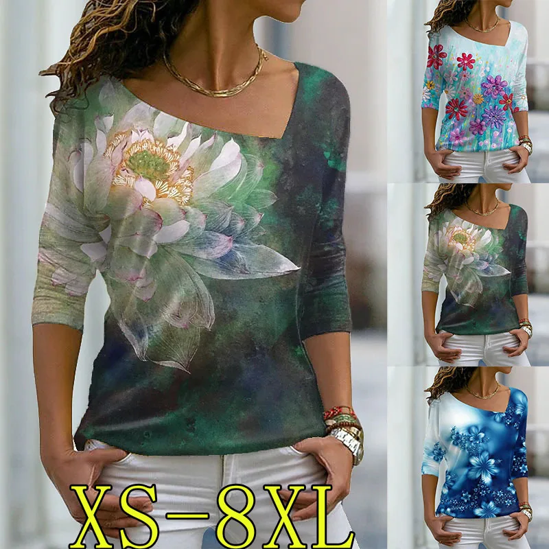

2022 Women Floral Print Printed Tee Shirt Long Sleeve Pullover Casual Loose Hem Tops XS-8XL
