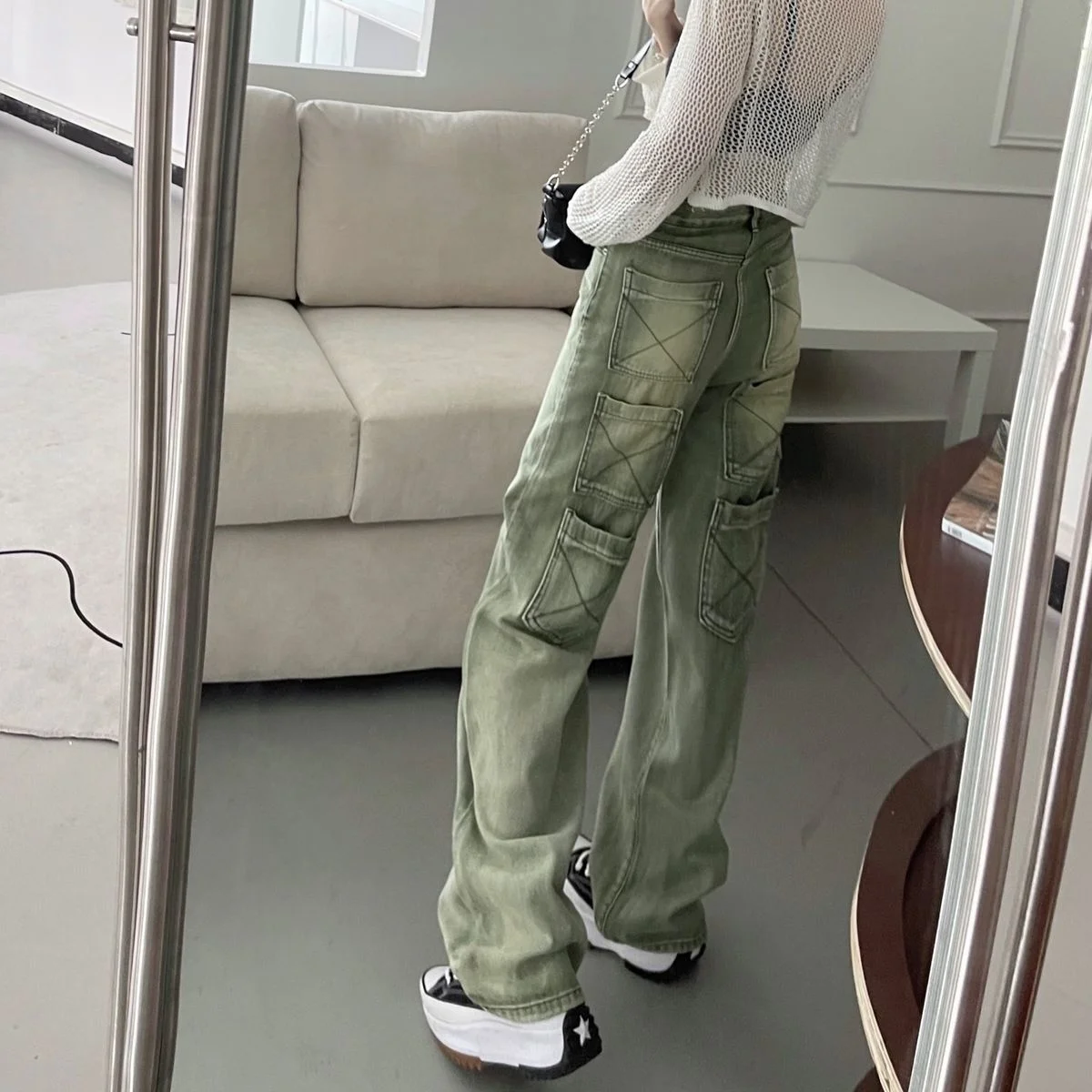 

High Waist Cargo Jeans Green Brown Street Style Multi Pocket Washed Women's Straight Denim Pants