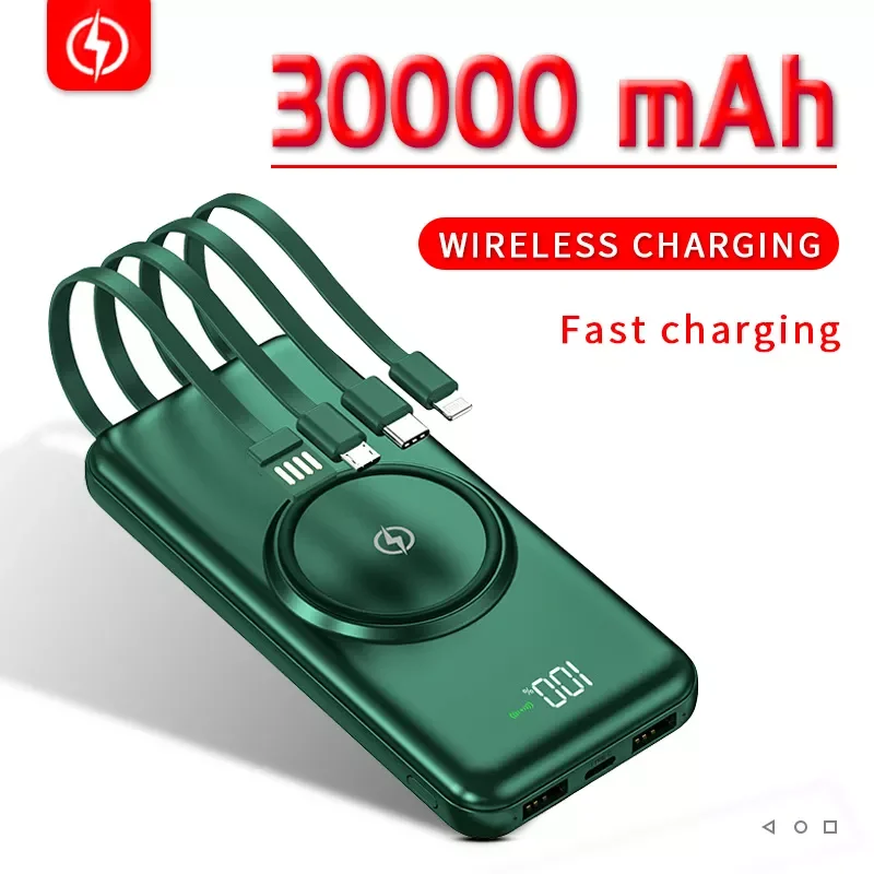 

2023New 30000mAh Wireless charging Portable Fast Charge Power Bank Display Built in Cables Four Usb External Battery for iPhone
