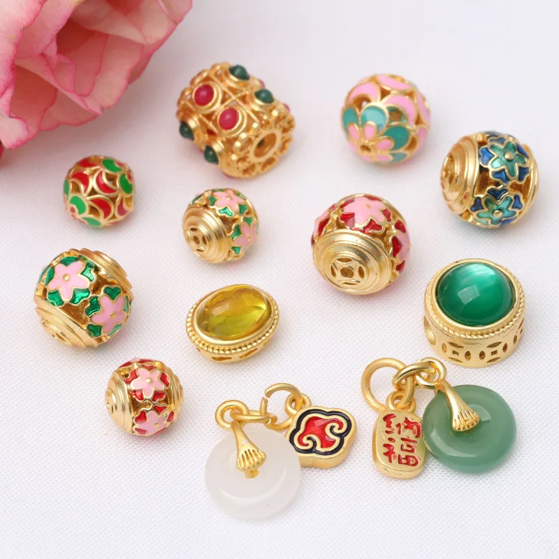 

Chinese Style Elements Dripping Oil Ancient Rhyme Gilt Enamel Accessories Handmade DIY Round Beaded Crystal Stone Accessories