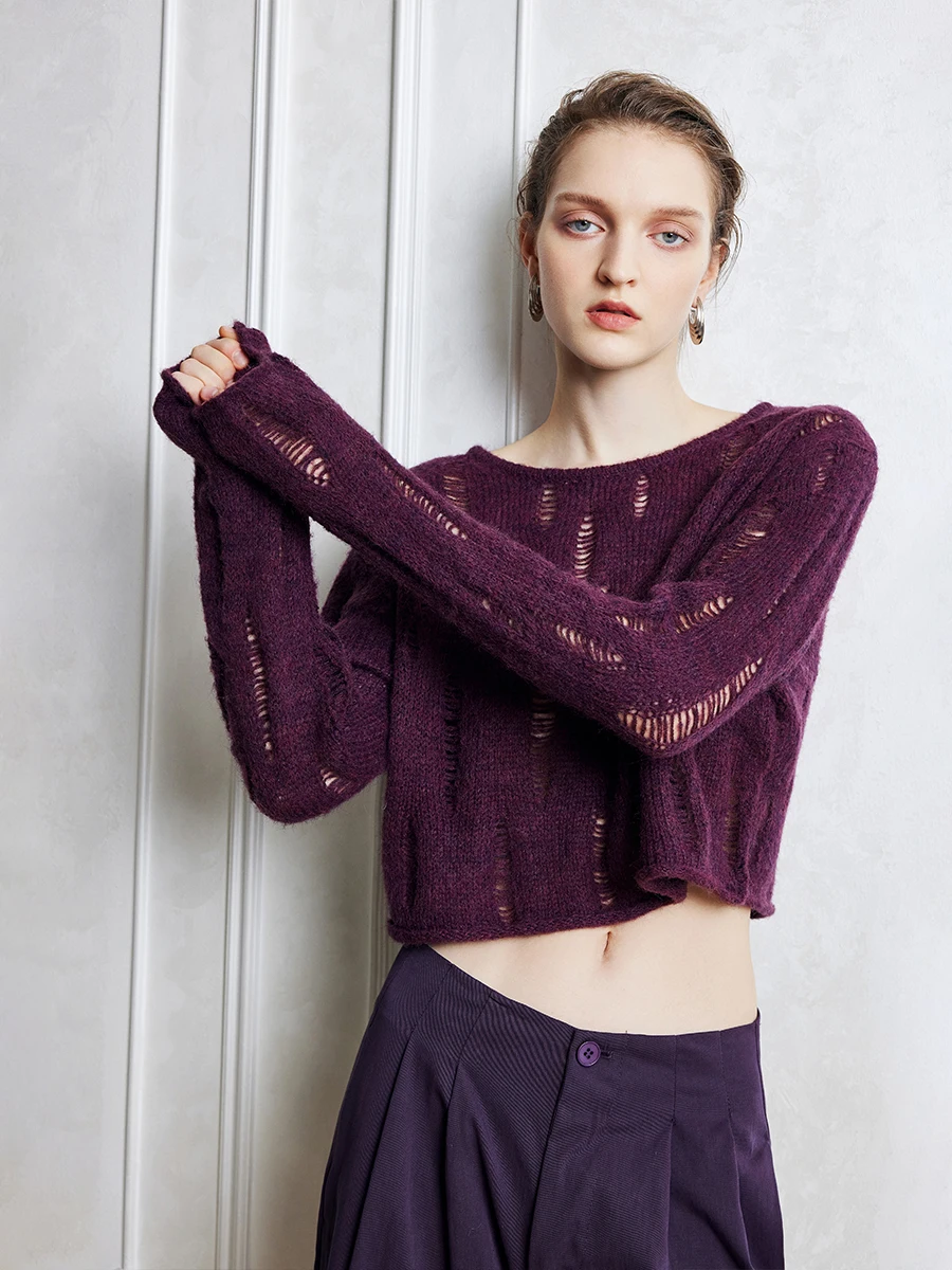 Oz Kingdom Повседневный свободный вязаный свитер двух цветов с отверстиями из