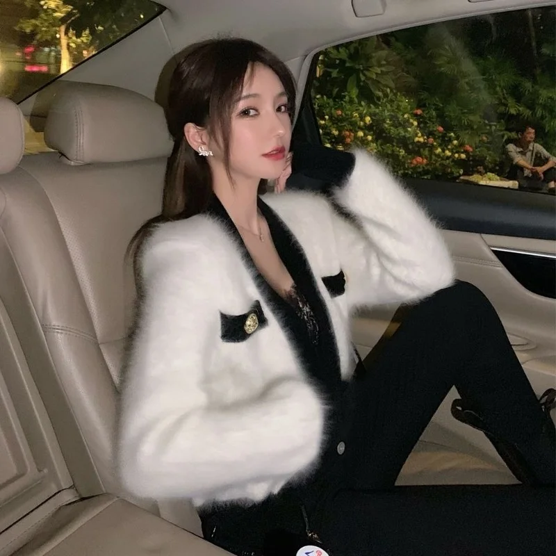 Korean V Long Sleeve White Fur Cropped Cardigan Autumn Fashion Fuzzy Pink Cardigan Coat Gentle Knitwear Sweaters