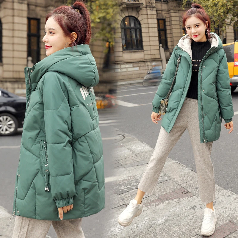 Women Mid-length Winter Bread Clothes New Thick Warm Cotton Letter Print Jackets Loose Hooded Padded Overcoat Parkas Casual Coat