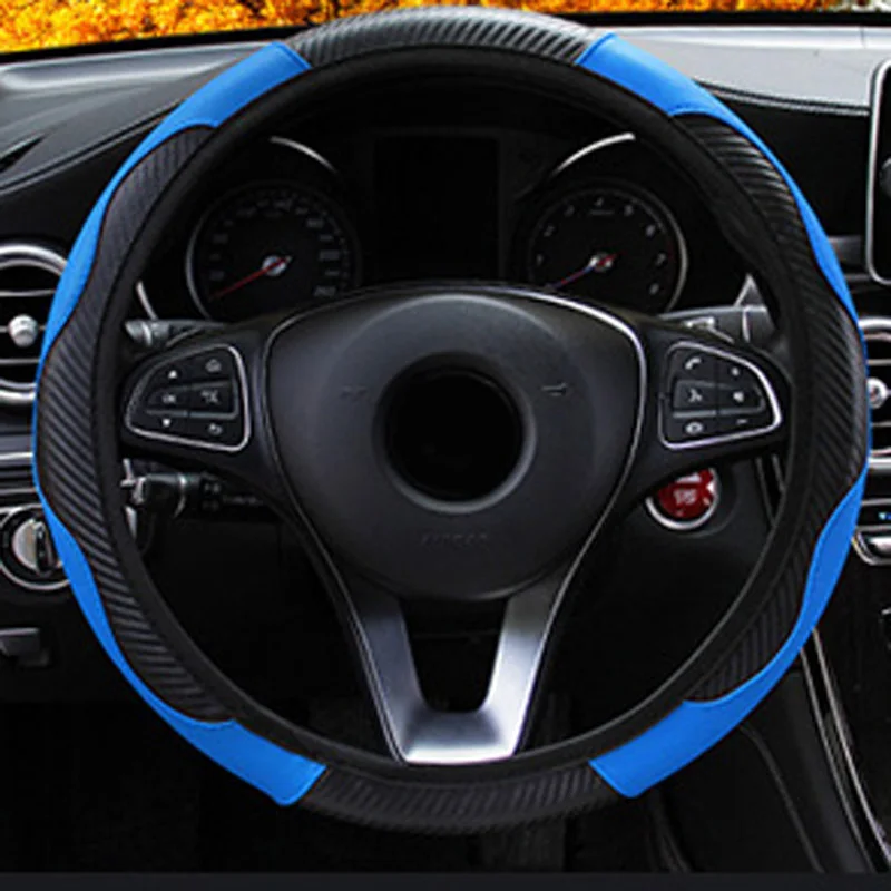 

38CM Car Steering Wheel Cover Blue Black Carbon Fiber Leather Cover Elastic Style Elegant Car Interior Fashion
