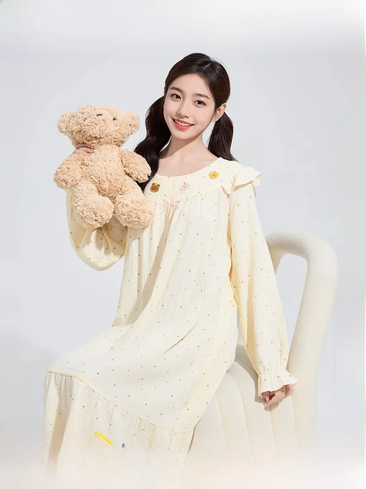 Женская Осенняя Ночная сорочка в горошек Sanfu милая двухслойная Домашняя одежда с