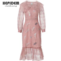 hepidem clothing pink fashion designer summer short dress women long sleeve patchwork flower print vintage jacquard dress 69815