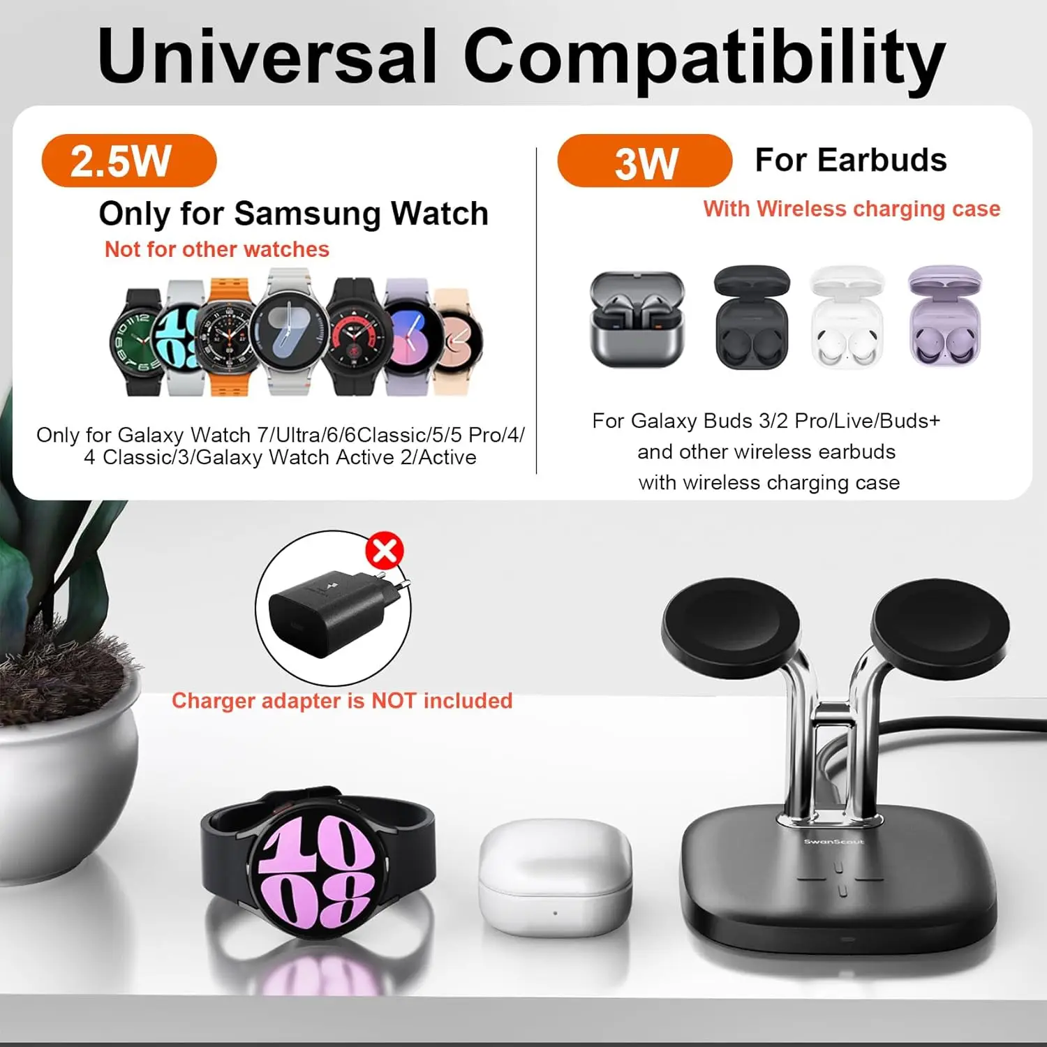 SwanScout 704S Зарядное устройство для двойных часов Samsung Watch 7 беспроводная зарядная