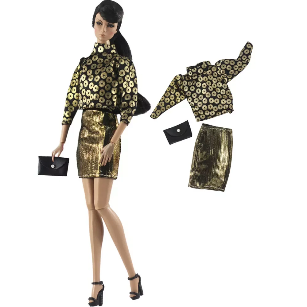 

NK Newest 1 Set Doll Outfit Golden Shirt +Mini Skirt+Bag Fashion Clothes 3 Items Accessoriesfor Barbie Doll 341C 4X